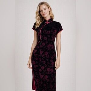 Vintage Velvet Burnout Asian Style Midi Dress WhimsiGoth Y2K Size Small